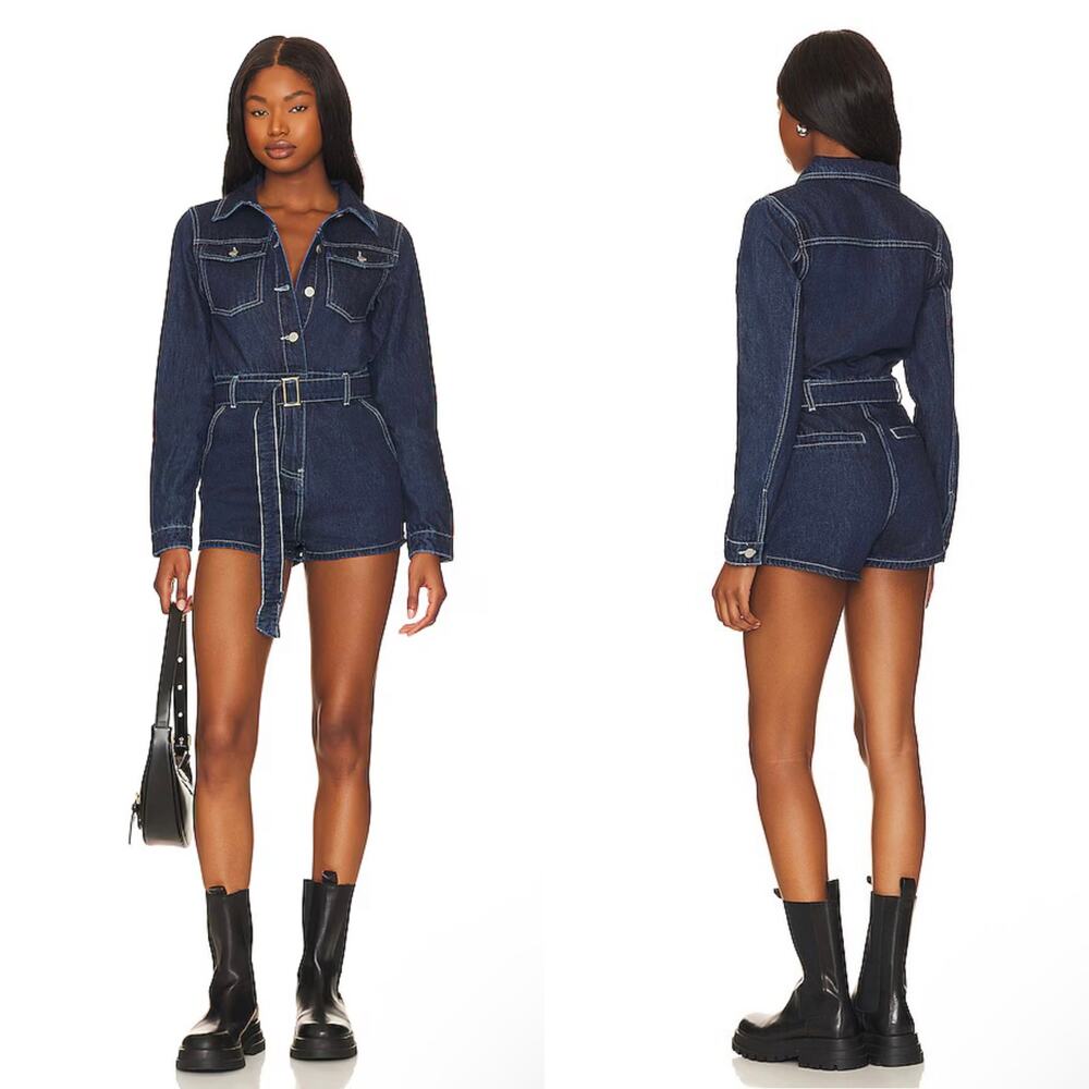 Revolve Superdown Destiny Denim Romper in Dark Blue Denim Size Large